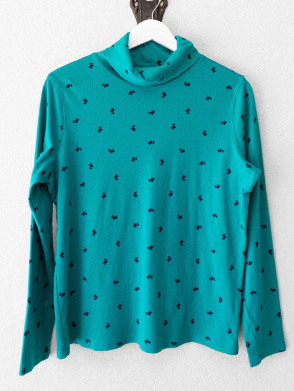 St John's Bay Scottie Dog Turtleneck Top L Green 100% Cotton Long Sleeve Shirt